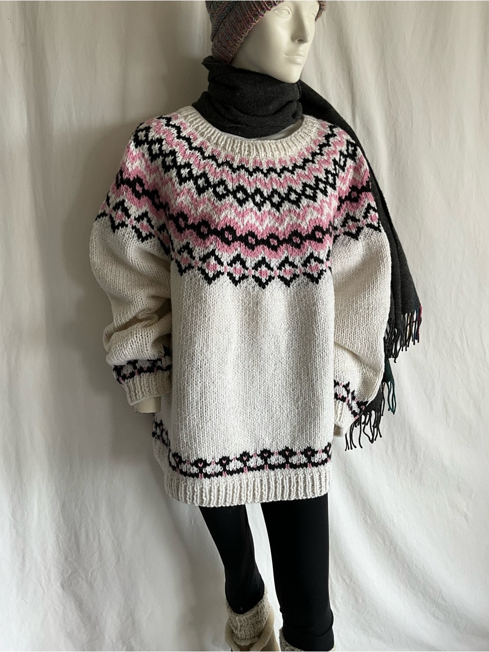 Hand Knit Fair Isle Sweater Oversized Pink Black Ivory Nordic Wool Look